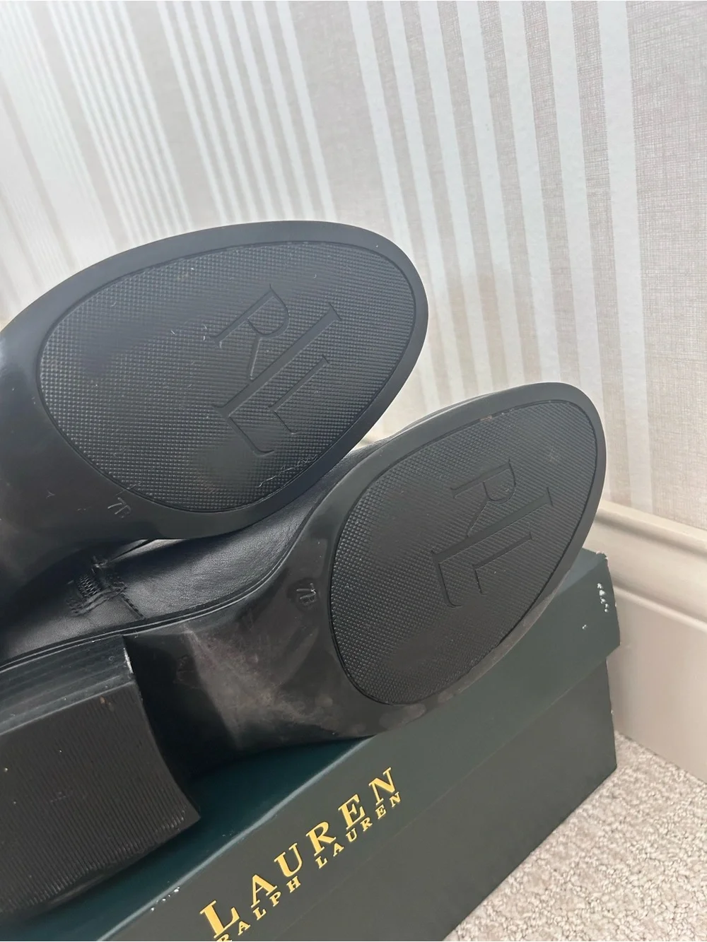 Lauren Ralph Lauren Black Marion Riding Boots with Gold Logo Double Buckle Sz 7